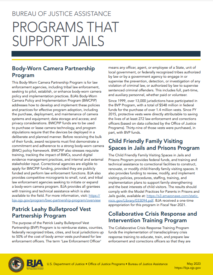 Bureau of Justice Assistance Programs That Support Jails Cover