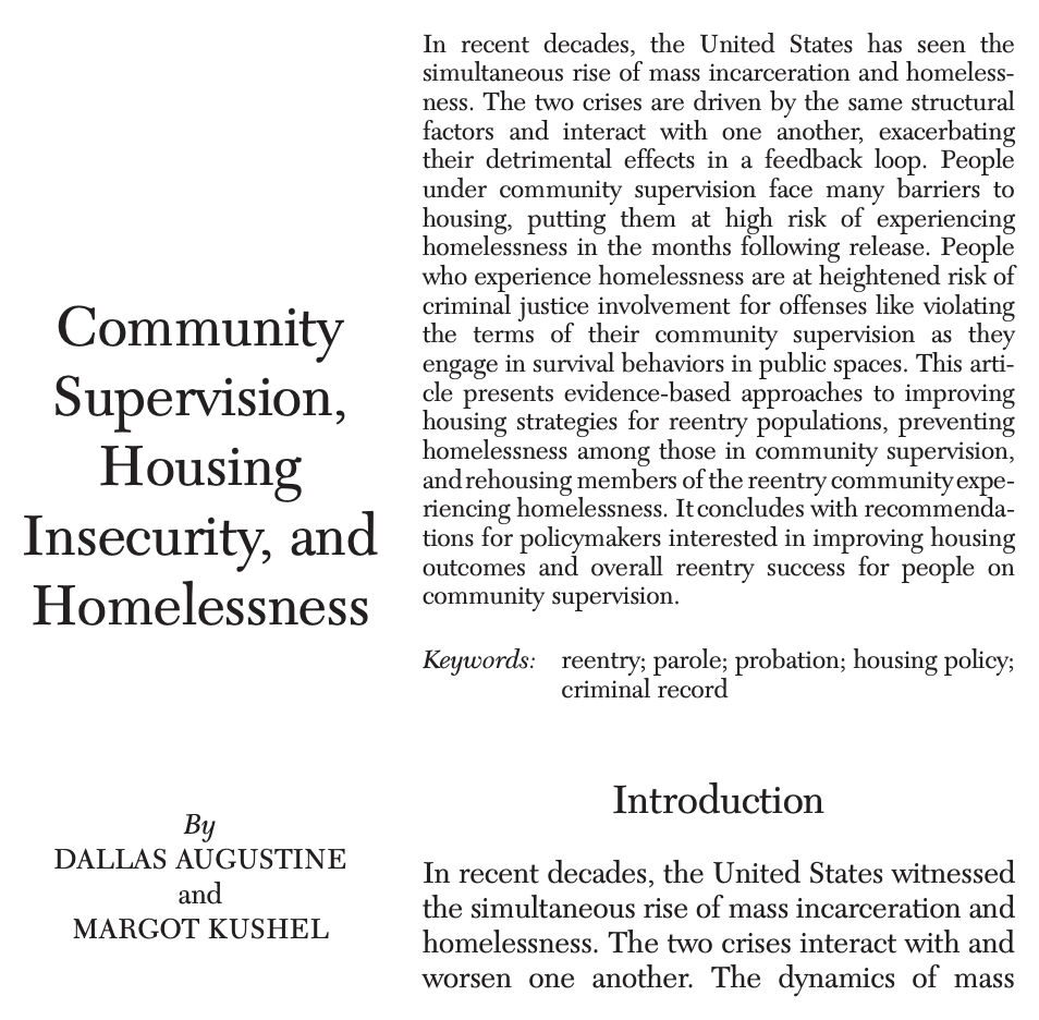 Community Supervision, Housing Insecurity, and Homelessness Cover