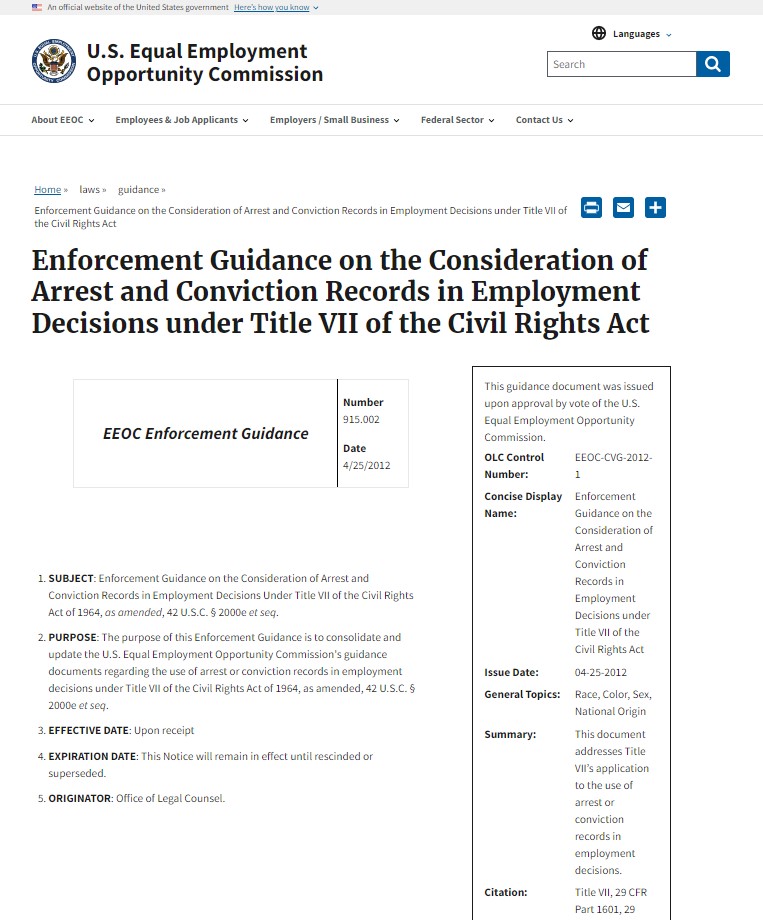 Enforcement Guidance on the Consideration of Arrest and Conviction Records in Employment Decisions under Title VII of the Civil Rights Act Cover