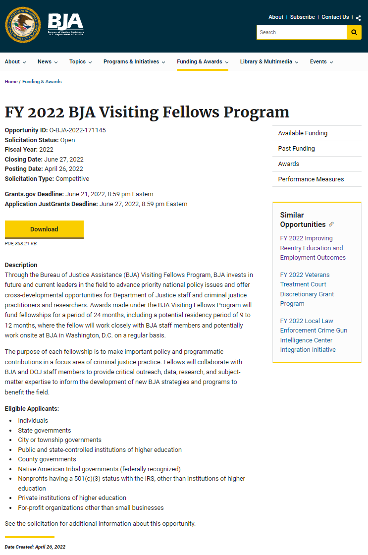 FY 2022 BJA Visiting Fellows Program Solicitation
