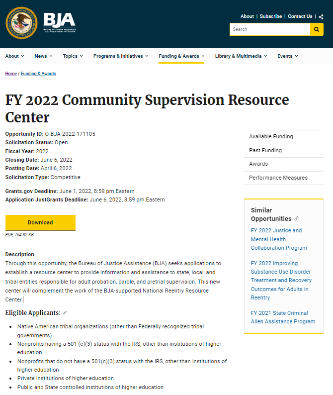 FY 2022 Community Supervision Resource Center Funding Opportunity Page