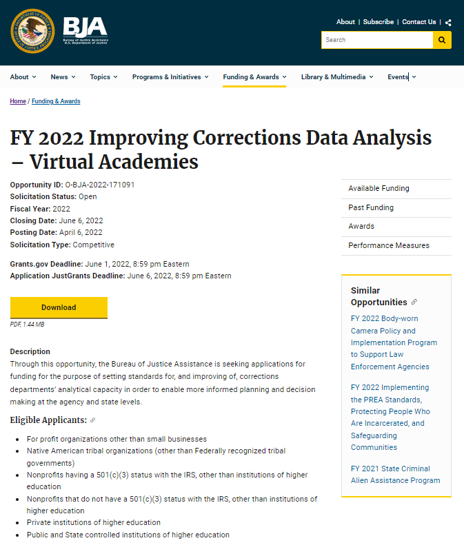 FY 2022 Improving Corrections Data Analysis Funding Opportunity Page