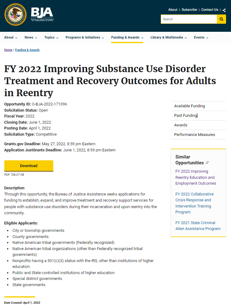 FY 2022 Improving Substance Use Disorder Treatment and Recovery Outcomes for Adults in Reentry Solicitation