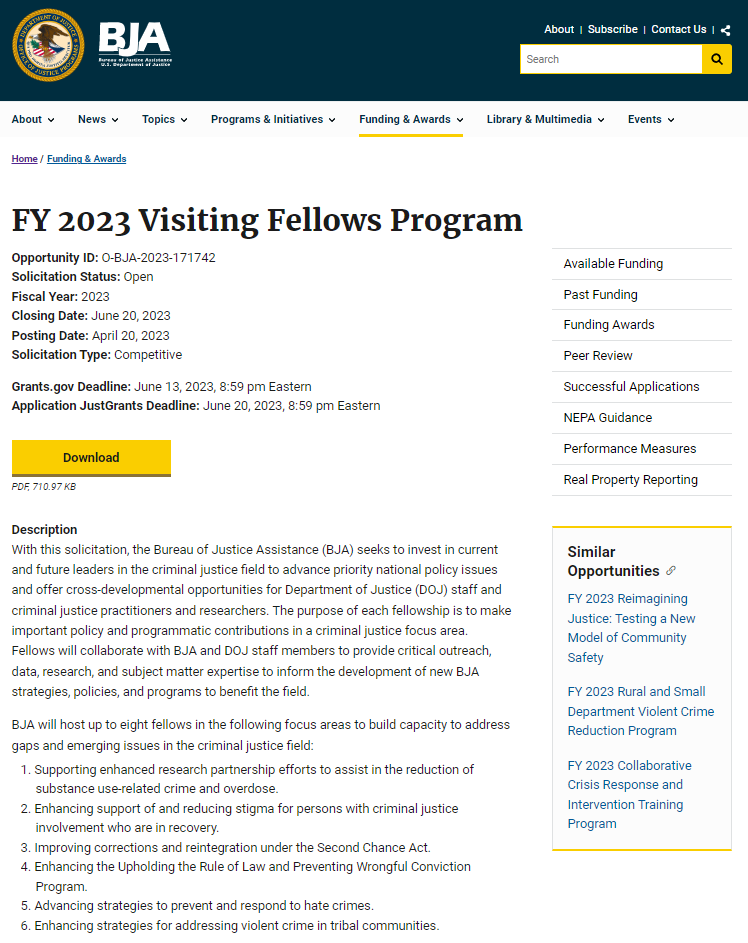 FY 2023 BJA Visiting Fellows Program Solicitation
