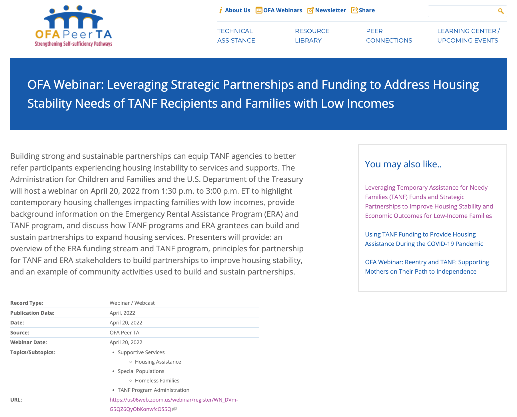 OFA Webinar: Leveraging Strategic Partnerships and Funding to Address Housing Stability Needs of TANF Recipients and Families with Low Incomes Registration Page