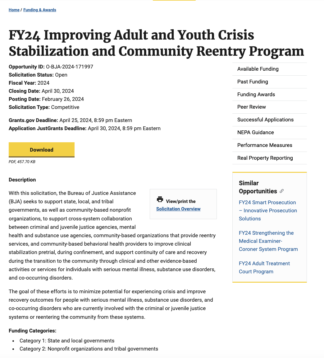 FY24 Improving Adult and Youth Crisis Stabilization and Community Reentry Program