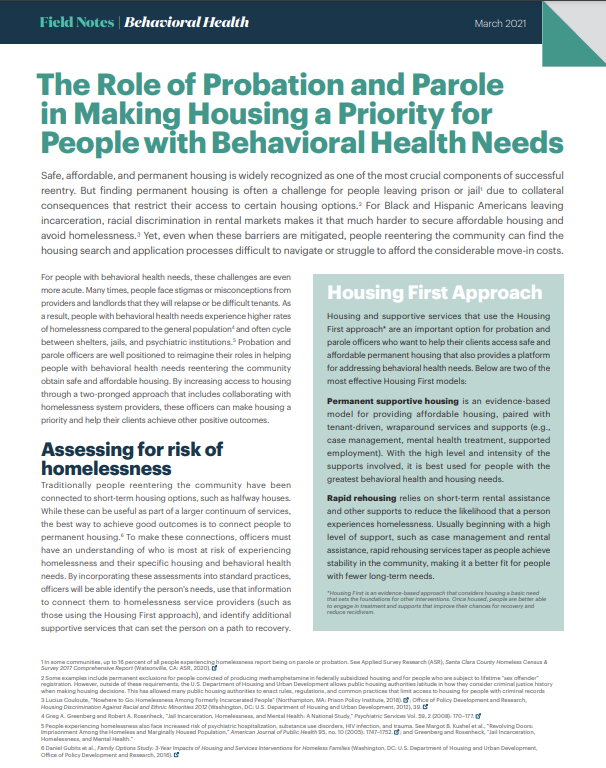 The Role of Probation and Parole in Making Housing a Priority for People with Behavioral Health Needs Cover