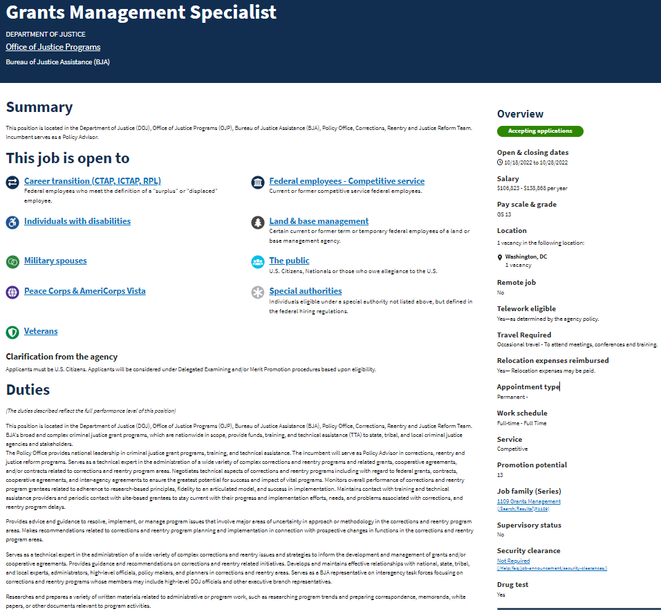 Grants Management Specialist Job Announcement