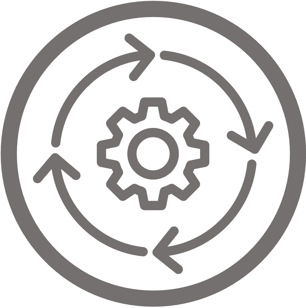 Icon of a gear encircled by arrows going clockwise all inside a circle