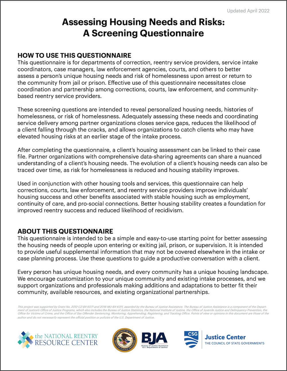 Screening questionnaire cover page