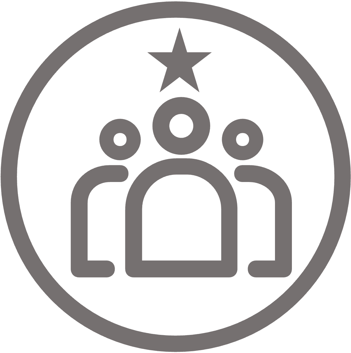 Circular icon of three people with star above center person
