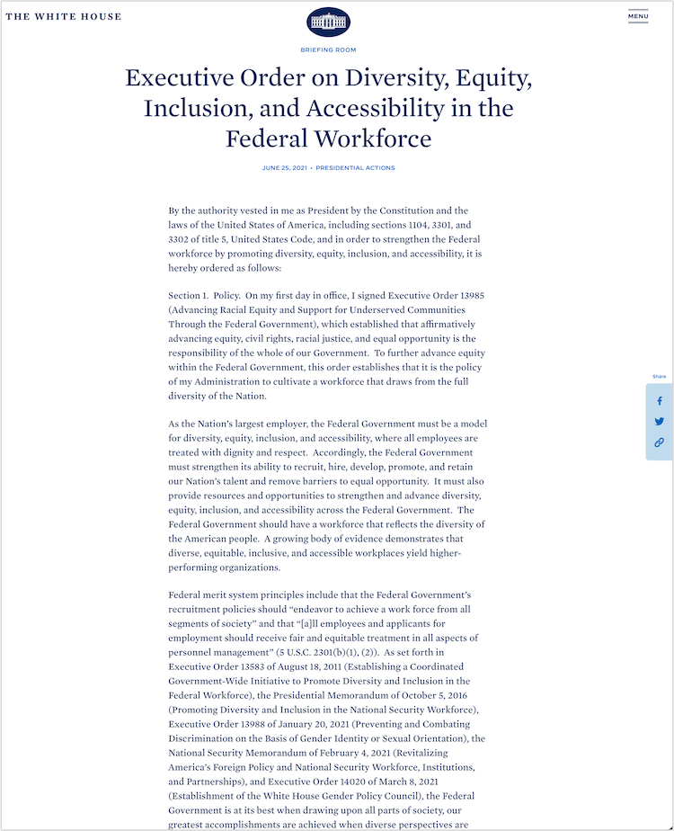 Executive Order on Diversity, Equity, Inclusion, and Accessibility in the Federal Workforce cover image