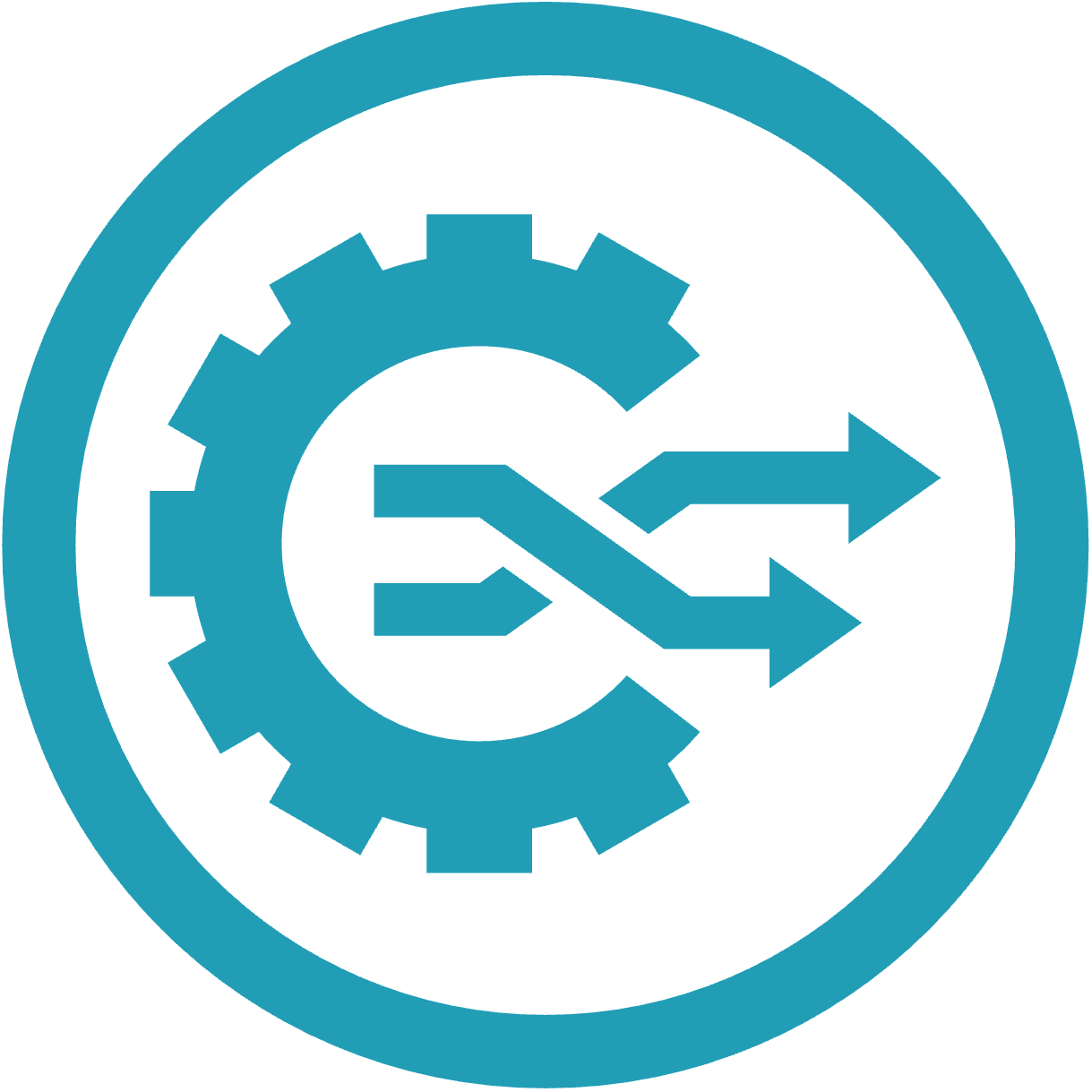 Circular icon of a gear with crossing arrows emerging to the right