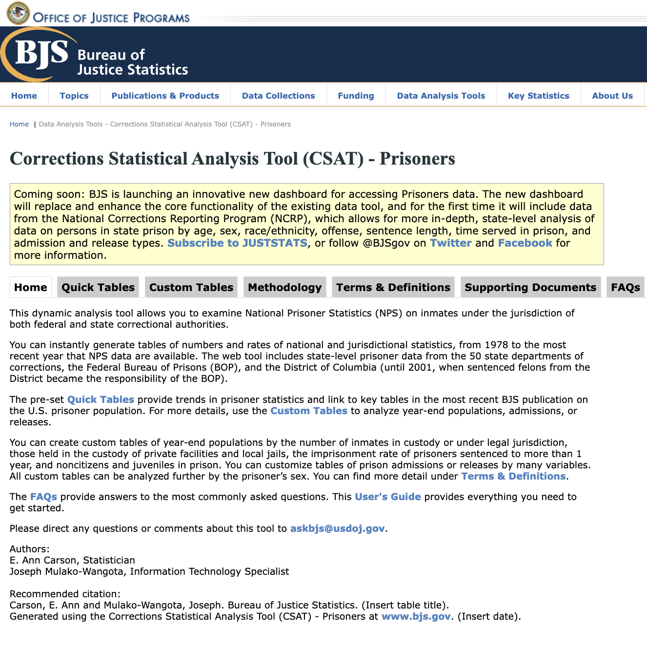 Corrections Statistical Analysis Tool (CSAT) - Prisoners Cover