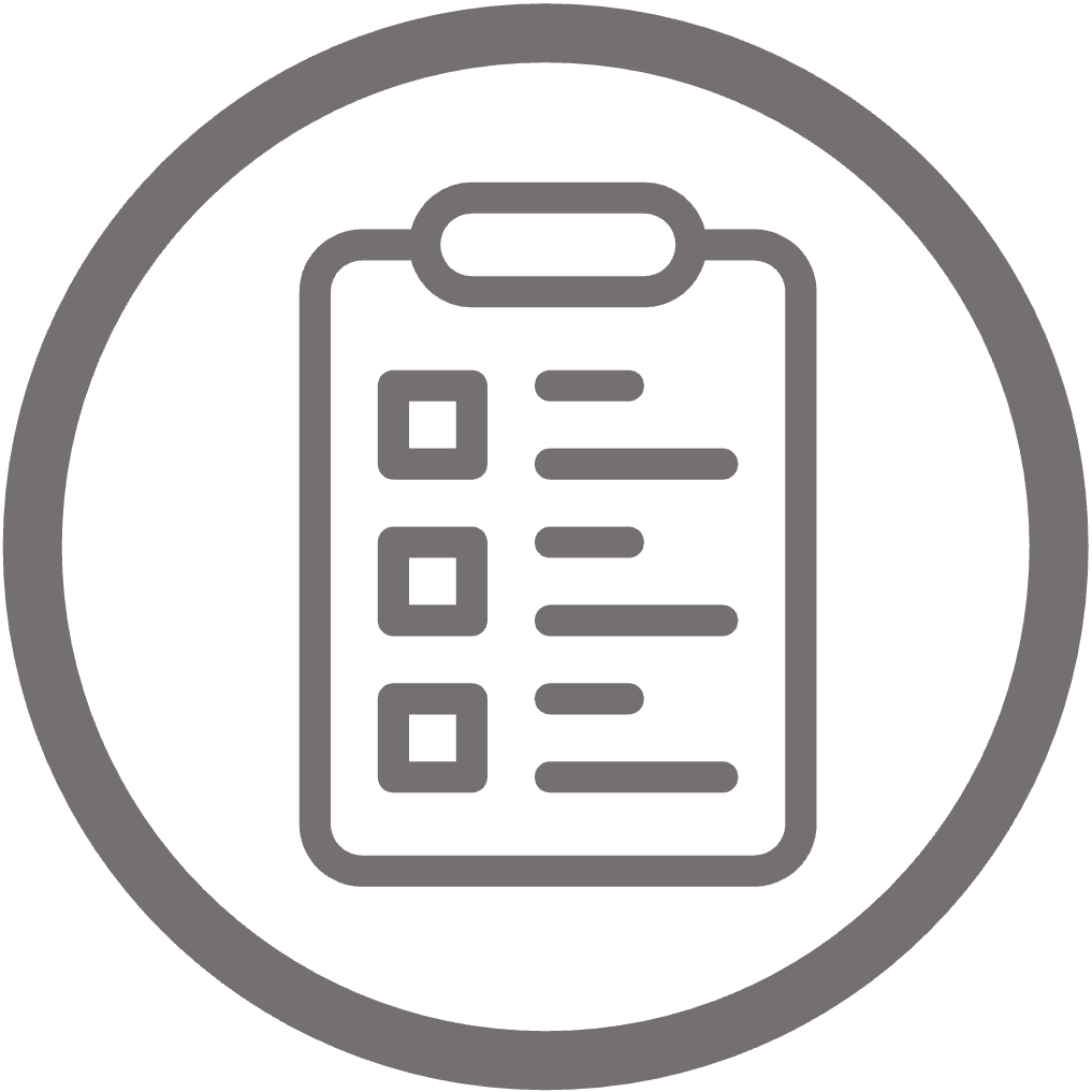 Circular icon of a clipboard with checkboxes and information