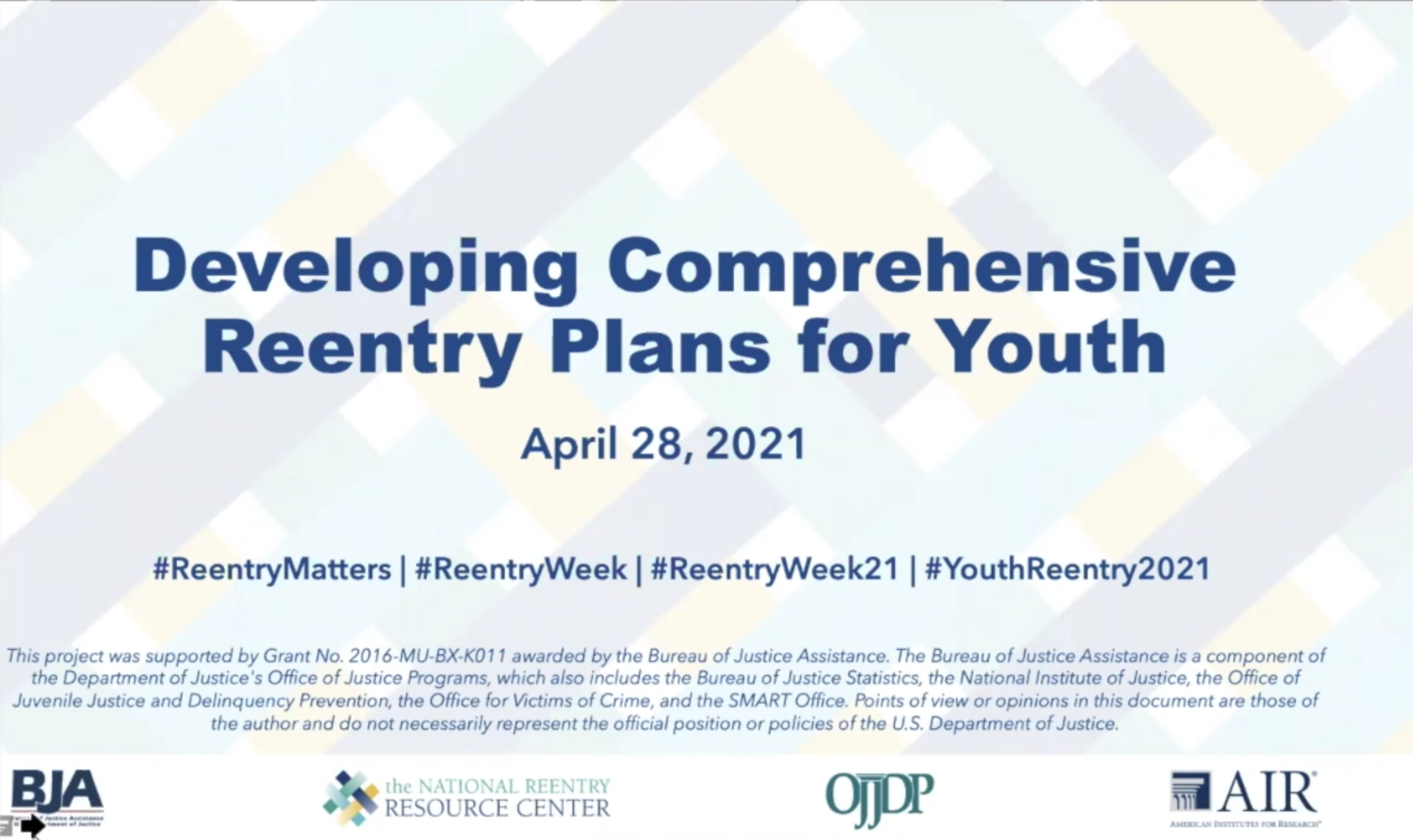 Developing Comprehensive Reentry Plans for Youth webinar slide image