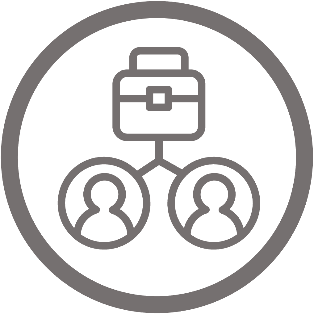 Circular icon of a briefcase with line splitting down to two separated people 