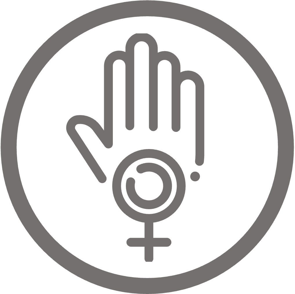 Circular icon of hand behind traditional symbol for female