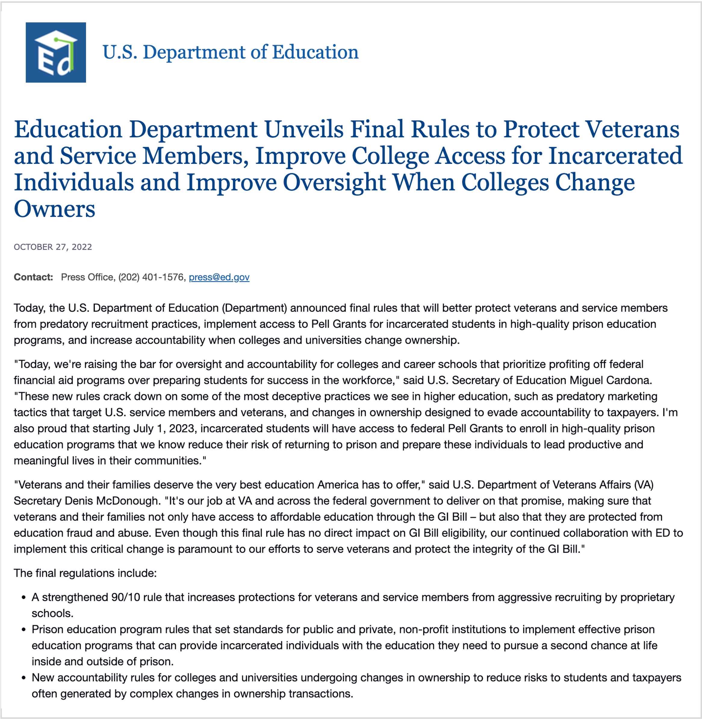 Department of Education Releases Finals Rules to Protect Veterans, Students, and Taxpayers and Support Incarcerated Students Page