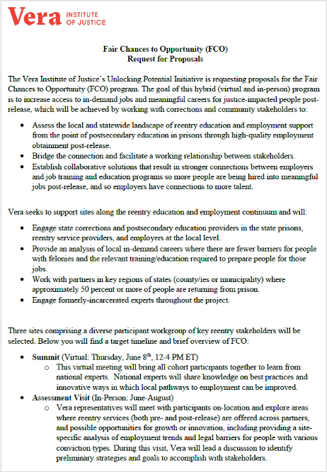 FY 2023 Vera Fair Chances to Opportunity Request for Proposal