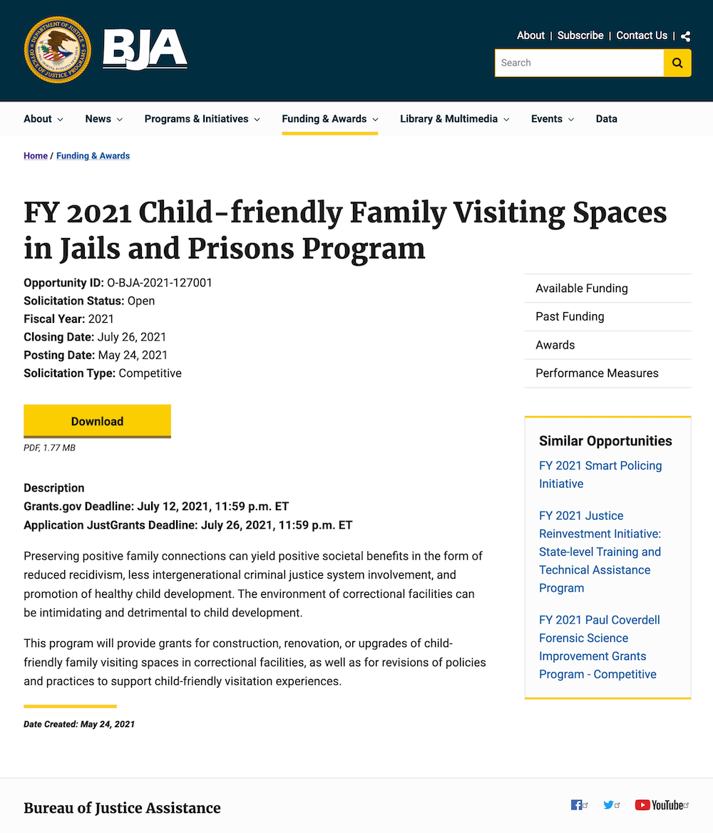 Funding opportunity page screenshot