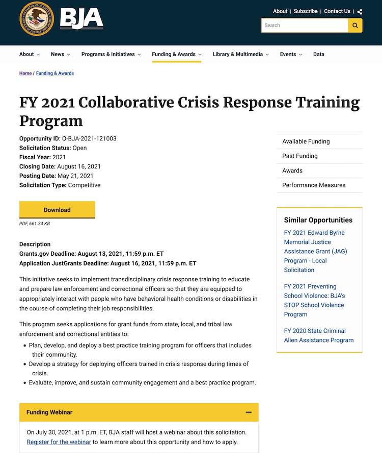 FY 2021 Collaborative Crisis Response Training Program solicitation