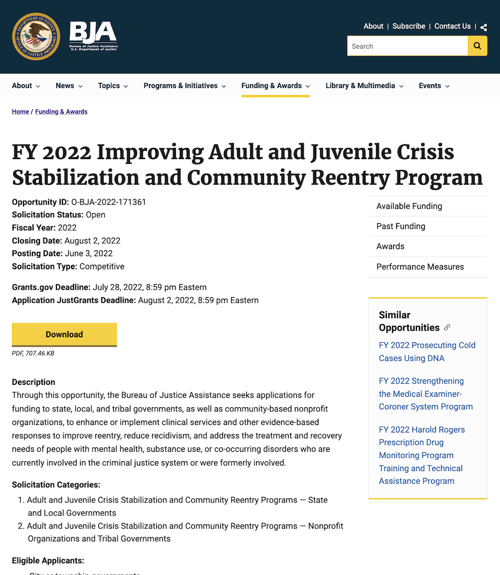 FY 2022 Improving Adult and Juvenile Crisis Stabilization and Community Reentry Program solicitation page