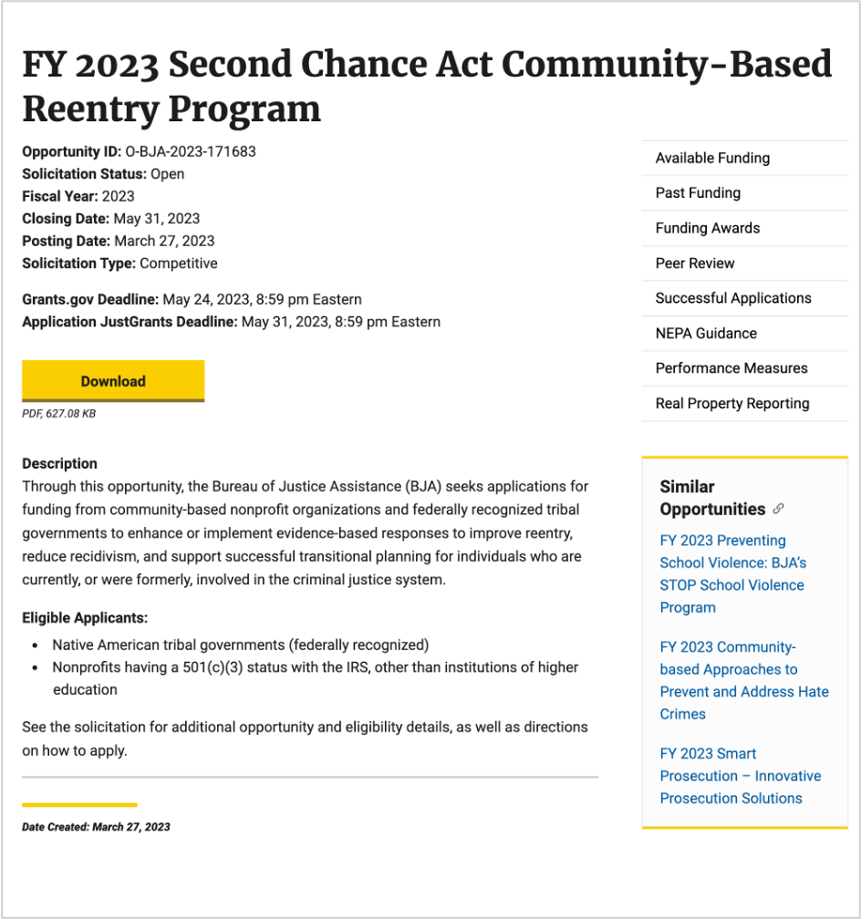 FY 2023 Second Chance Act Community-Based Reentry Program solicitation page