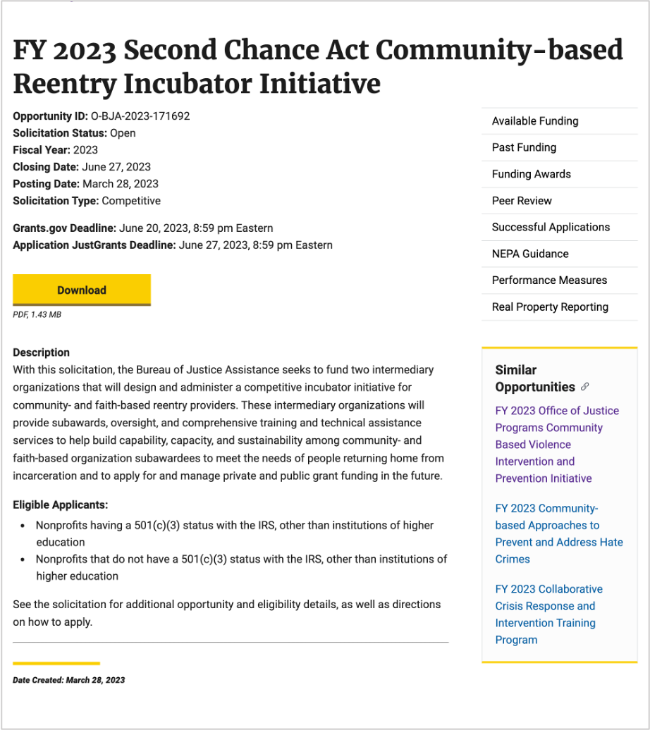 FY 2023 Second Chance Act Community-Based Reentry Incubator Initiative solicitation page