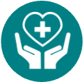 Icon of two hands holding a heart with medical cross on it