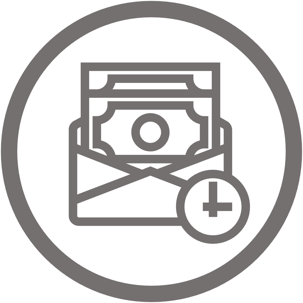 Circular icon of money in an envelope with small clock in bottom right corner