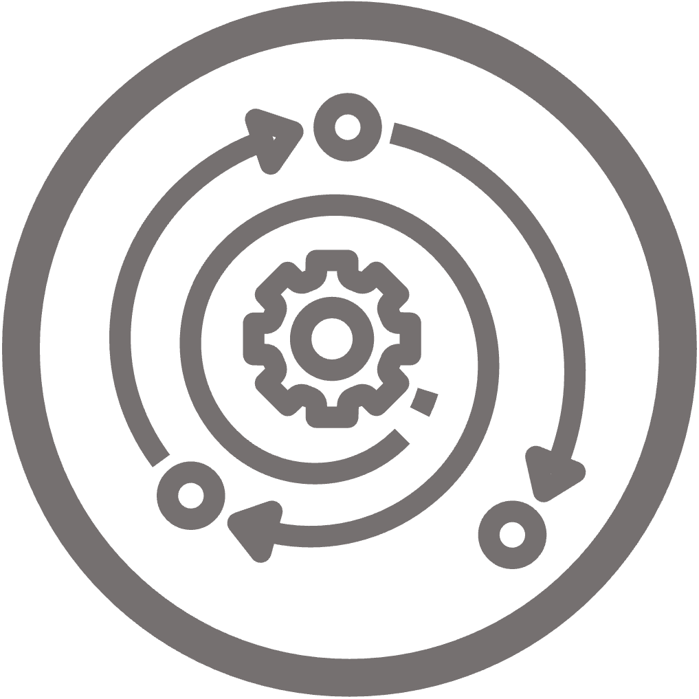 Circular icon of a gear encircled by arrowed pathways