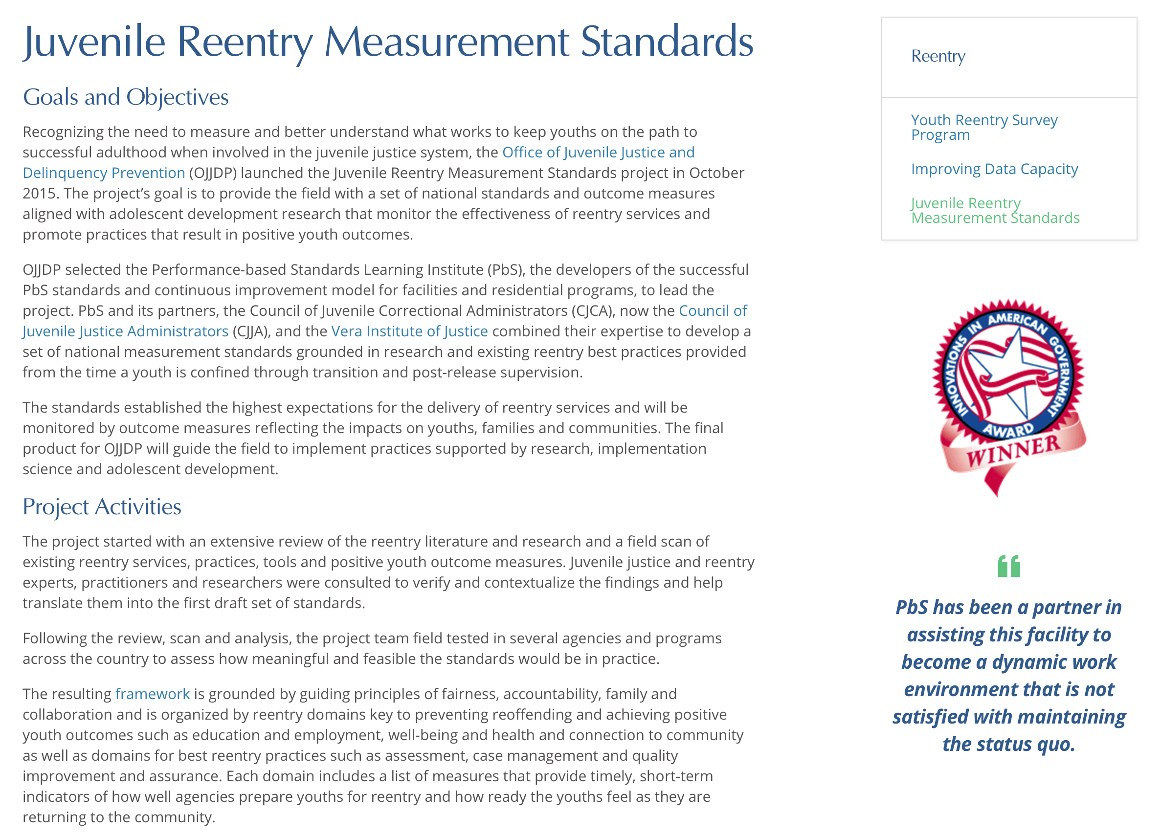 Juvenile Reentry Measurement Standards project overview screenshot