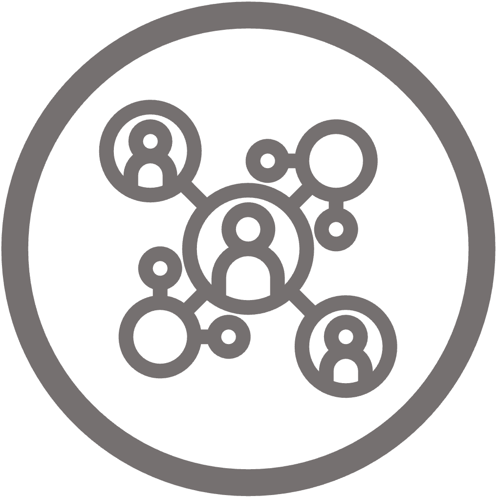 Circular icon of a person, center, connected to circles of a network of other people