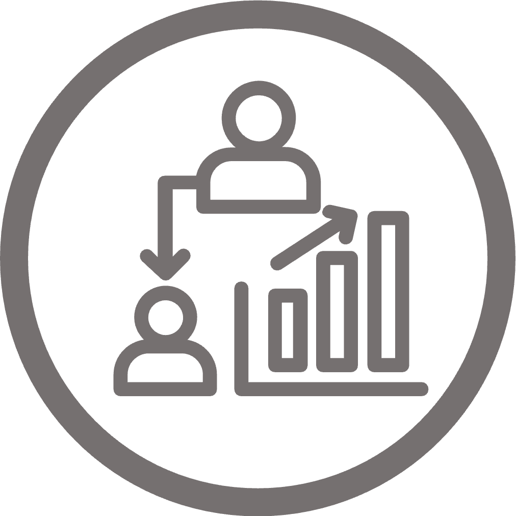 Circular icon of two people connected by an arrow with a data chart beside