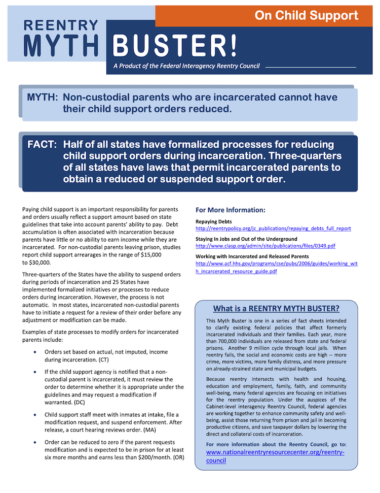 Myth Buster on Child Support fact sheet