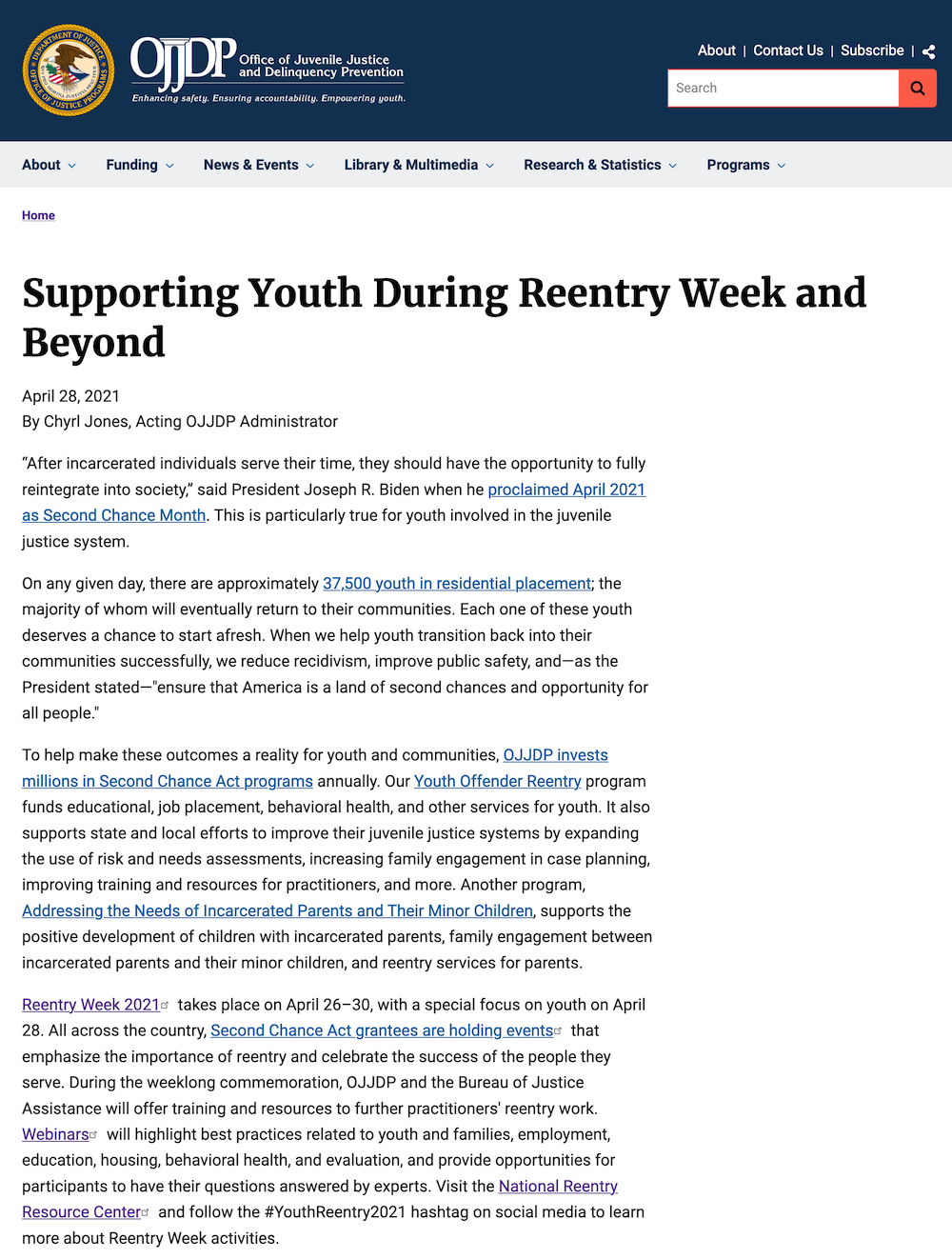 OJJDP Supports Youth blog post screenshot