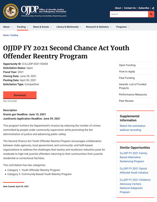 FY 2021 Second Chance Act Youth Offender Reentry Program solicitation page