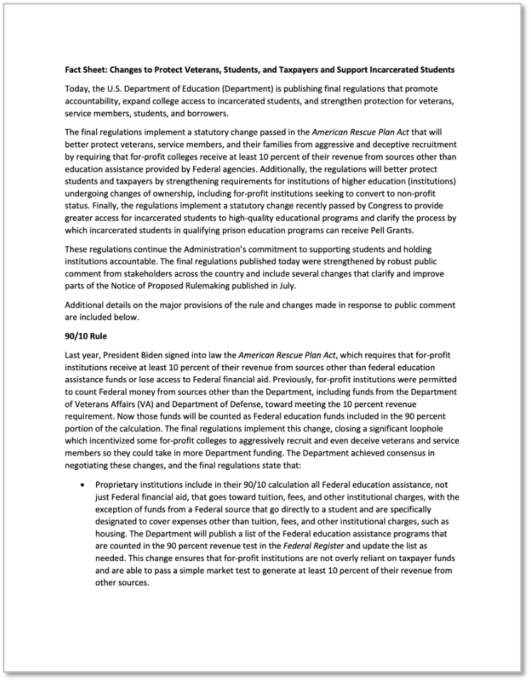 Department of Education Fact Sheet: Changes to Protect Veterans, Students, and Taxpayers and Support Incarcerated Students