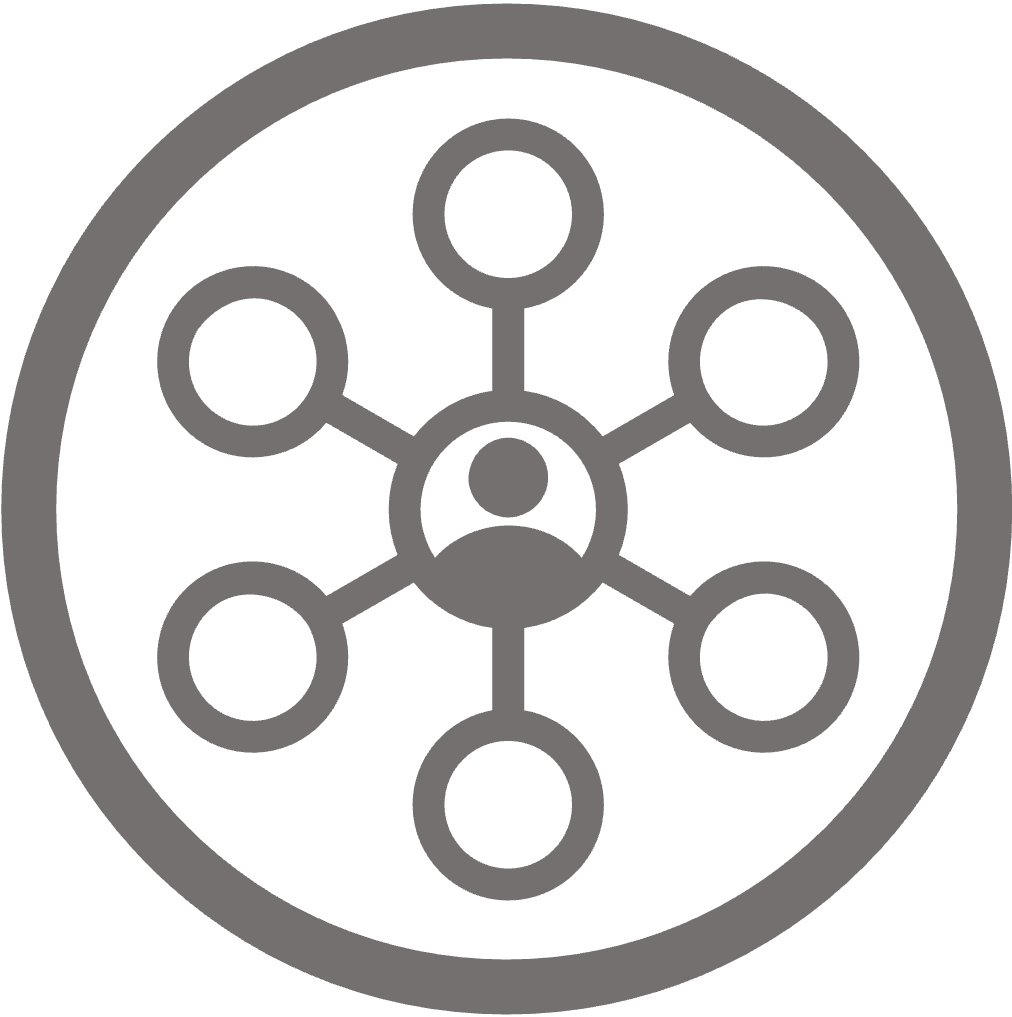 Icon of person inside a circle inside a ring of other circles with connections