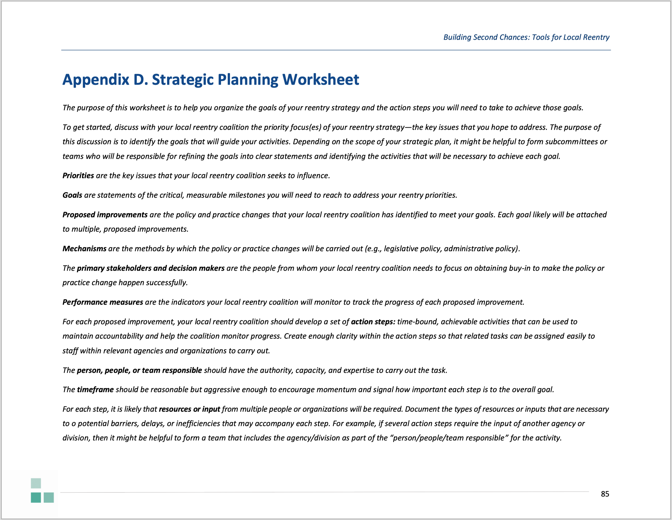 Screenshot of Appendix D: Strategic Planning Worksheet