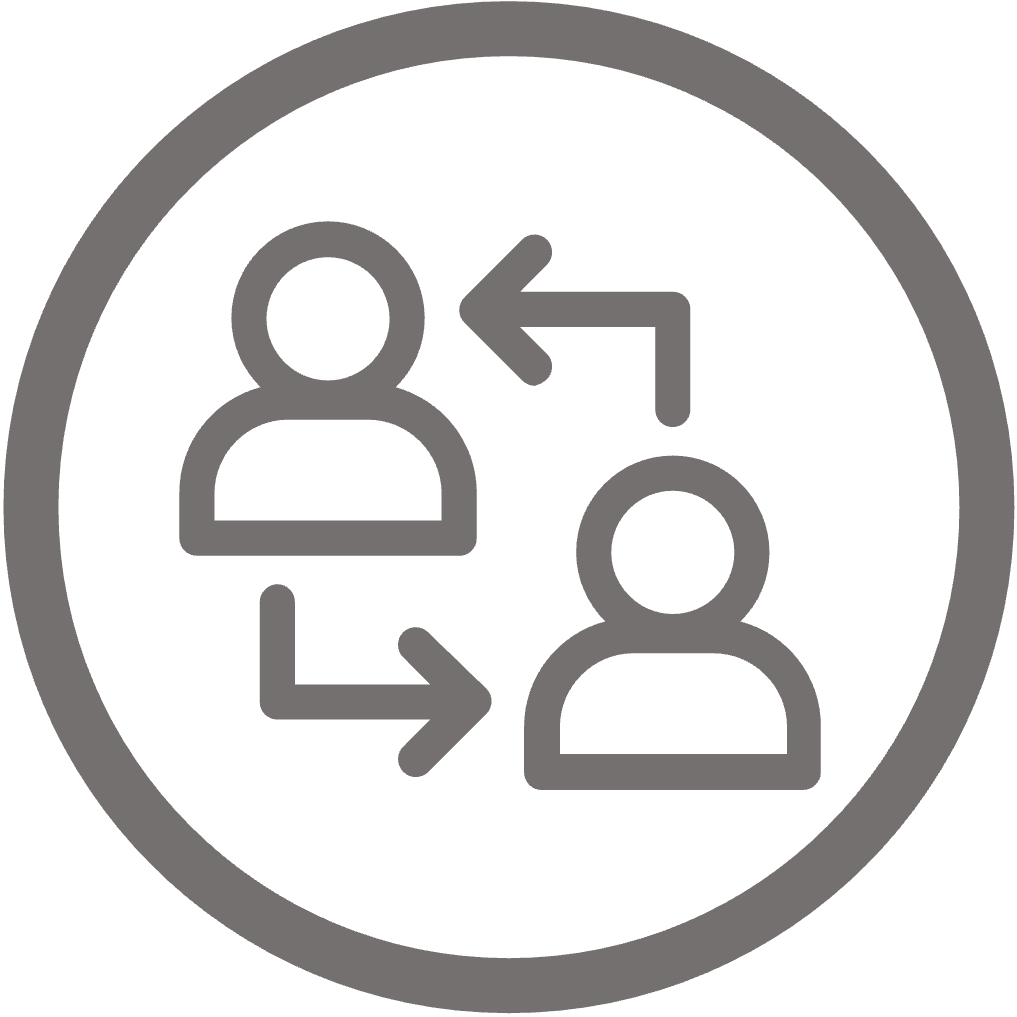 Circular icon of two people connected by directional arrows