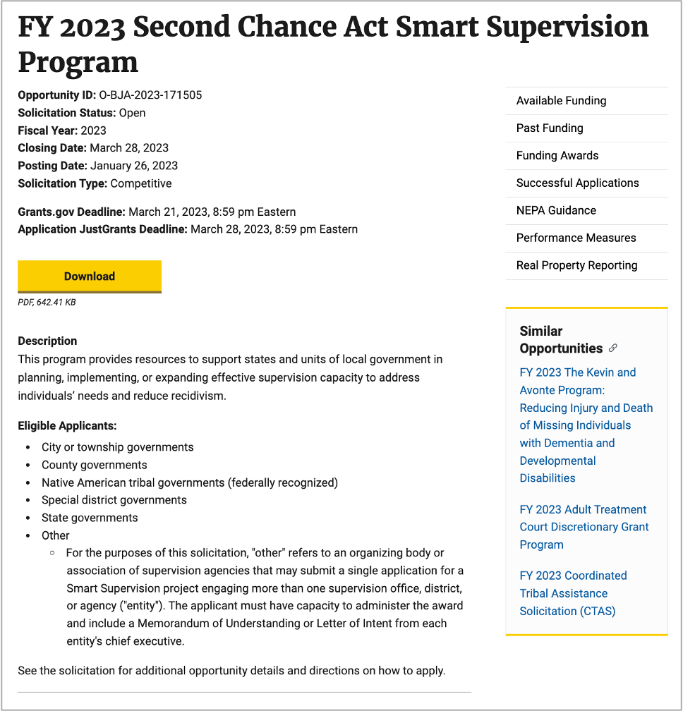 FY 2023 Second Chance Act Smart Supervision Program