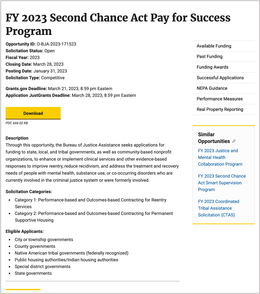 FY 2023 Second Chance Act Pay for Success Program solicitation page