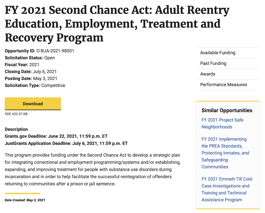 FY 2021 Second Chance Act: Adult Reentry Education, Employment, Treatment and Recovery Program funding page