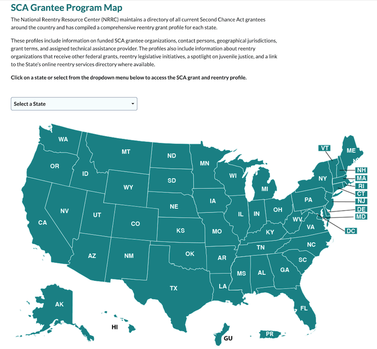 United States map of Second Chance Act grantees