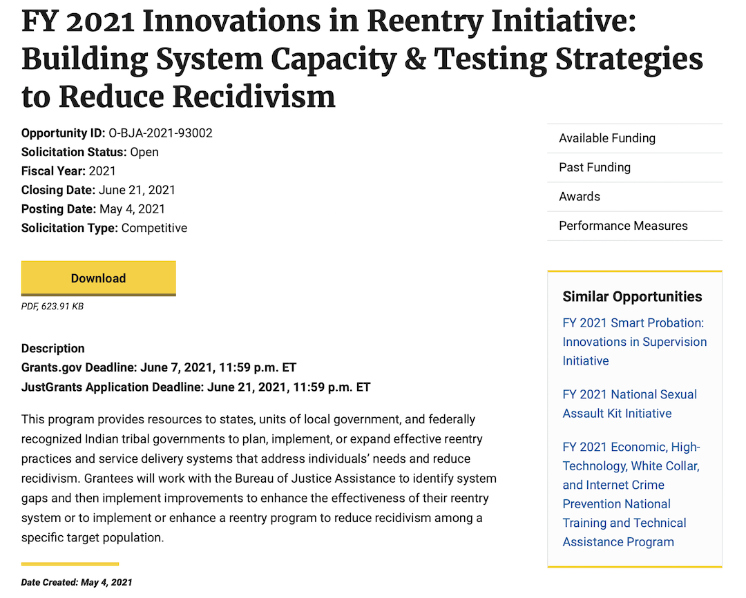FY 2021 Innovations in Reentry Initiative solicitation page