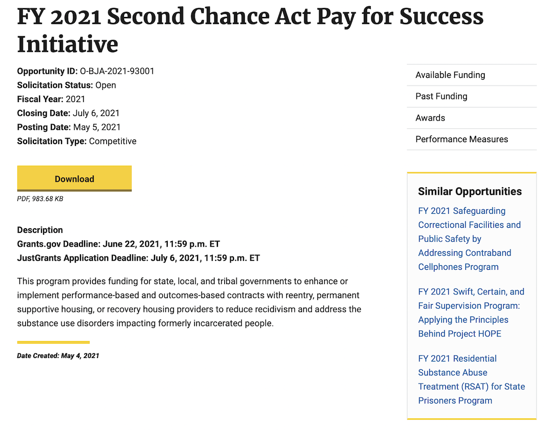 FY 2021 Second Chance Act Pay for Success Initiative solicitation page