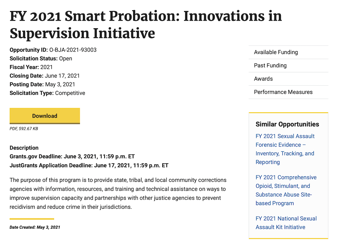 FY 2021 Smart Probation solicitation page