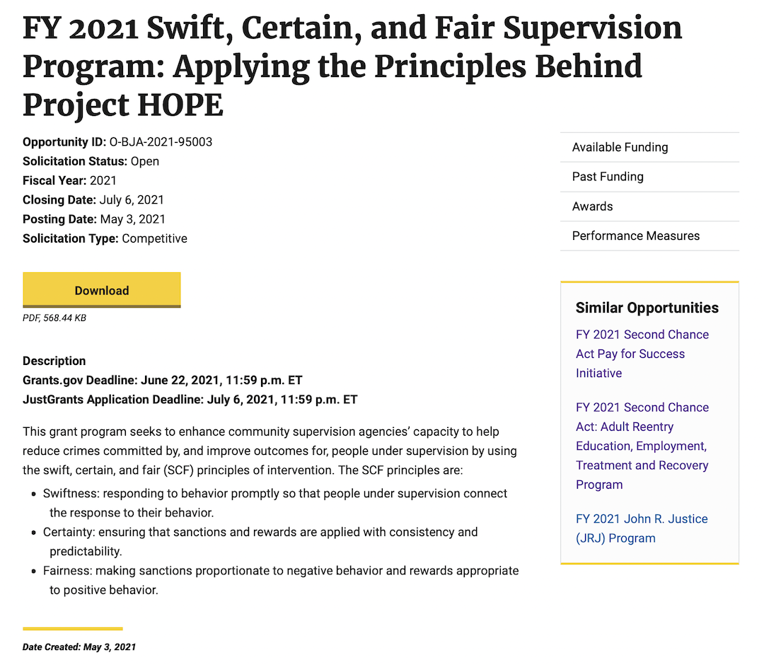 FY 2021 Swift, Certain, and Fair Supervision Program solicitation page